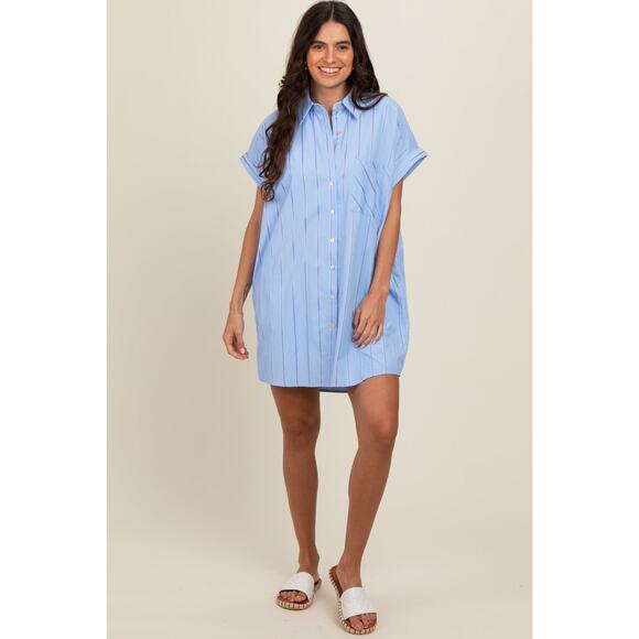 Entro Dresses & Skirts - Entro Blue Striped Button Front Shirt Dress Plus Sz 1X Short Sleeve Mini Cotton